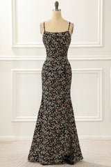 Black Spaghetti Straps Simple Prom Dress With Floral Print