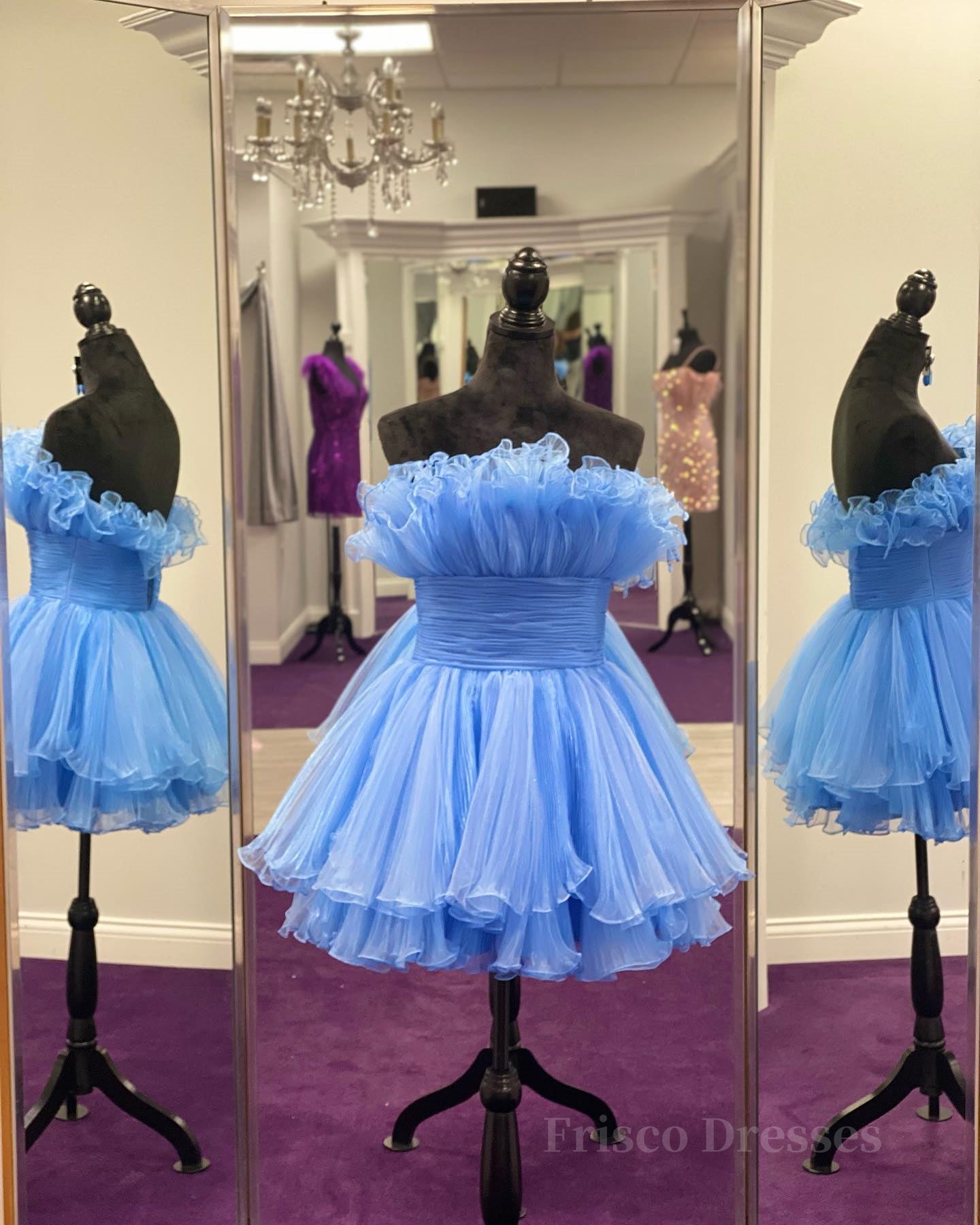 Blue Fit and Flare Ruffles A-line Short Dress