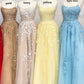 A Line Tulle Yellow Spaghetti Straps Prom Dresses With Appliques Party Dresses