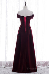 Burgundy A-line Off-the-Shoulder Pleated Bow Velvet Maxi Formal Dress