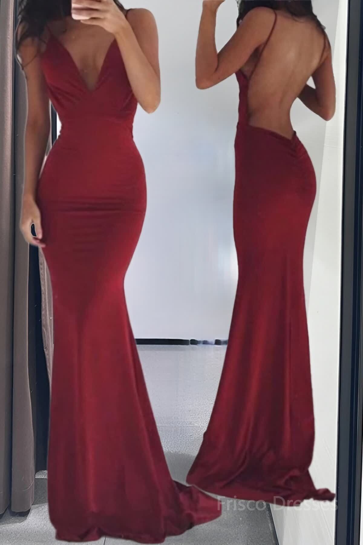 Burgundy Evening Gowns Stretchy Spaghettis Straps Backless Column Prom Dresses