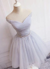 Charming Sliver Grey Short Beaded Tulle Party Dress, Homecoming Dress