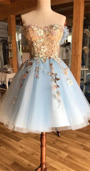 A Line Off The Shoulder Above Knee Light Blue Homecoming Dress, With Appliques