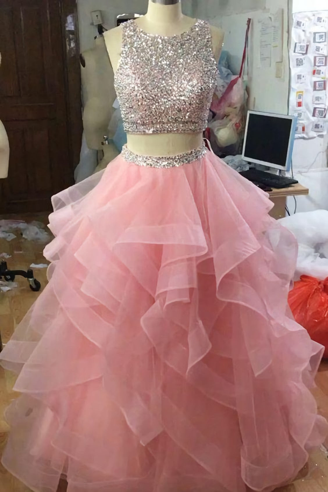 Jewel Neck Pink Party Dresses, Sequins And Beaded 2 Pieces Prom Dresses, Ruffle And Tiered Tulle Affordable Evening Dresses