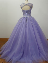Gorgeous Cap Sleeves Lavender Ball Gown Quinceanera Dresses, Lace Appliqued Beading Bling Bling Sweet 16 Dress, Debutante Gown Prom Dresses