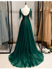 Elegant V Neckline Straps Tulle Long Junior Prom Dress, Green Prom Dress 2024