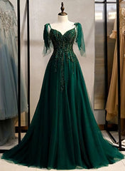 Elegant V Neckline Straps Tulle Long Junior Prom Dress, Green Prom Dress 2024