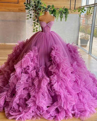 Sweetheart Purple Beading Bodice Tulle Ruffle Pleated Ball Gown Evening Dress, Prom Gown