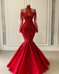 Red Luxurious Lace Beaded Evening Dresses 2024 Red Shiny Long Sleeve High Neck Mermaid Prom Gowns