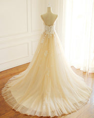 Champagne Long A-line Sweetheart Tulle Spaghetti Sweep Train Wedding Dress