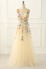 Champagne Tulle A Line Prom Dress With Appliques