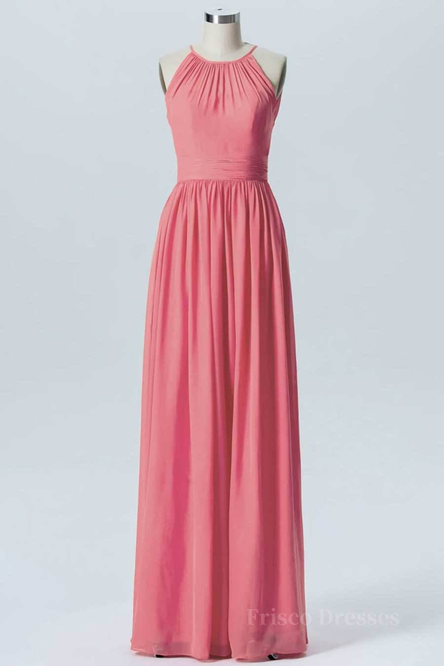 Coral Chiffon Jewel A-line Long Bridesmaid Dress