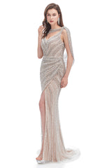 Crystal Beaded Mermaid High Slit Long Prom Dresses