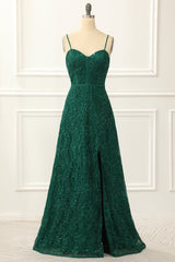 Dark Green Spaghetti Straps A Line Lace Prom Dress