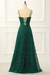 Dark Green Spaghetti Straps A Line Lace Prom Dress
