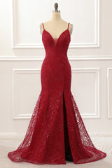 Dark Red Saprkly Mermaid Prom Dress With Slit