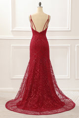 Dark Red Saprkly Mermaid Prom Dress With Slit