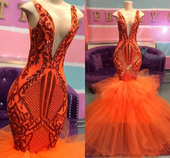 Robe de bal fille noire, Orange sirène applications en dentelle de bal robes de bal, rouleaux en tulle