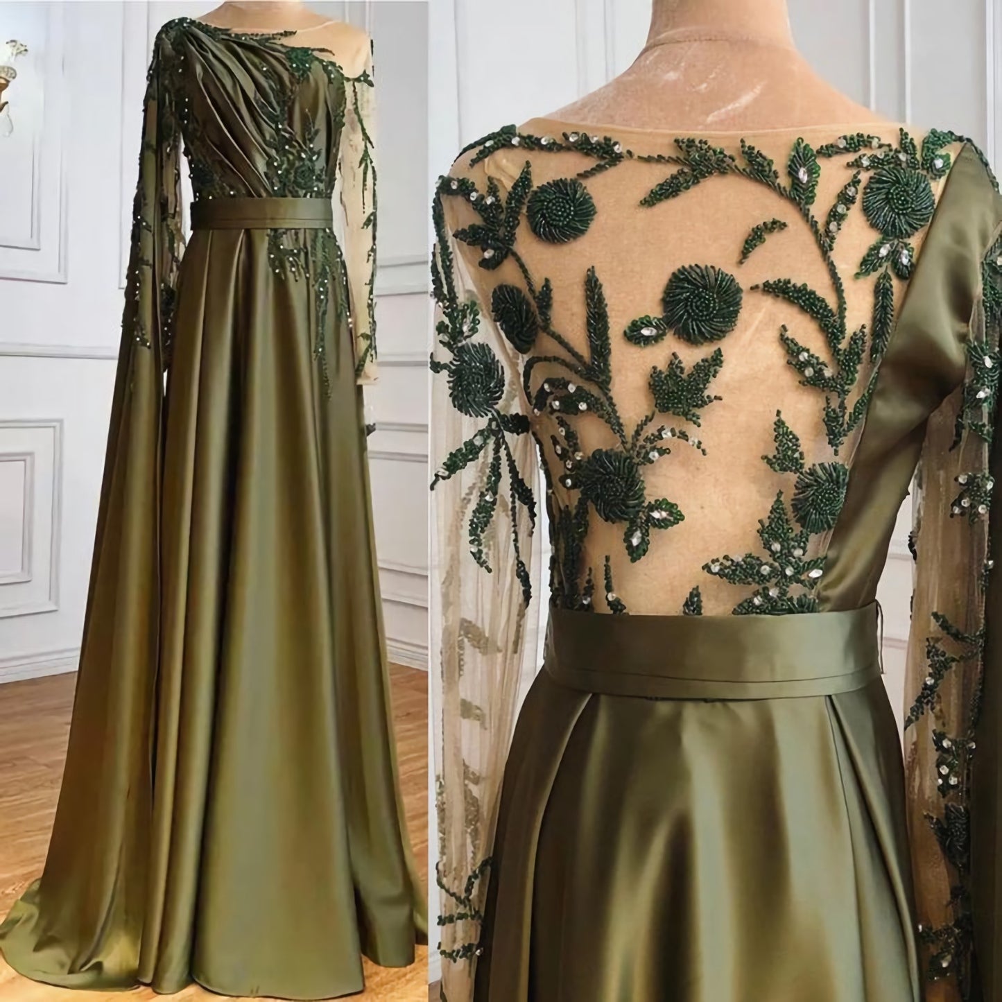 Luxury Olive Green Evening Moroccan Dress, Beading Sequined Formal Party Wear Gown Dubai Evening Dress