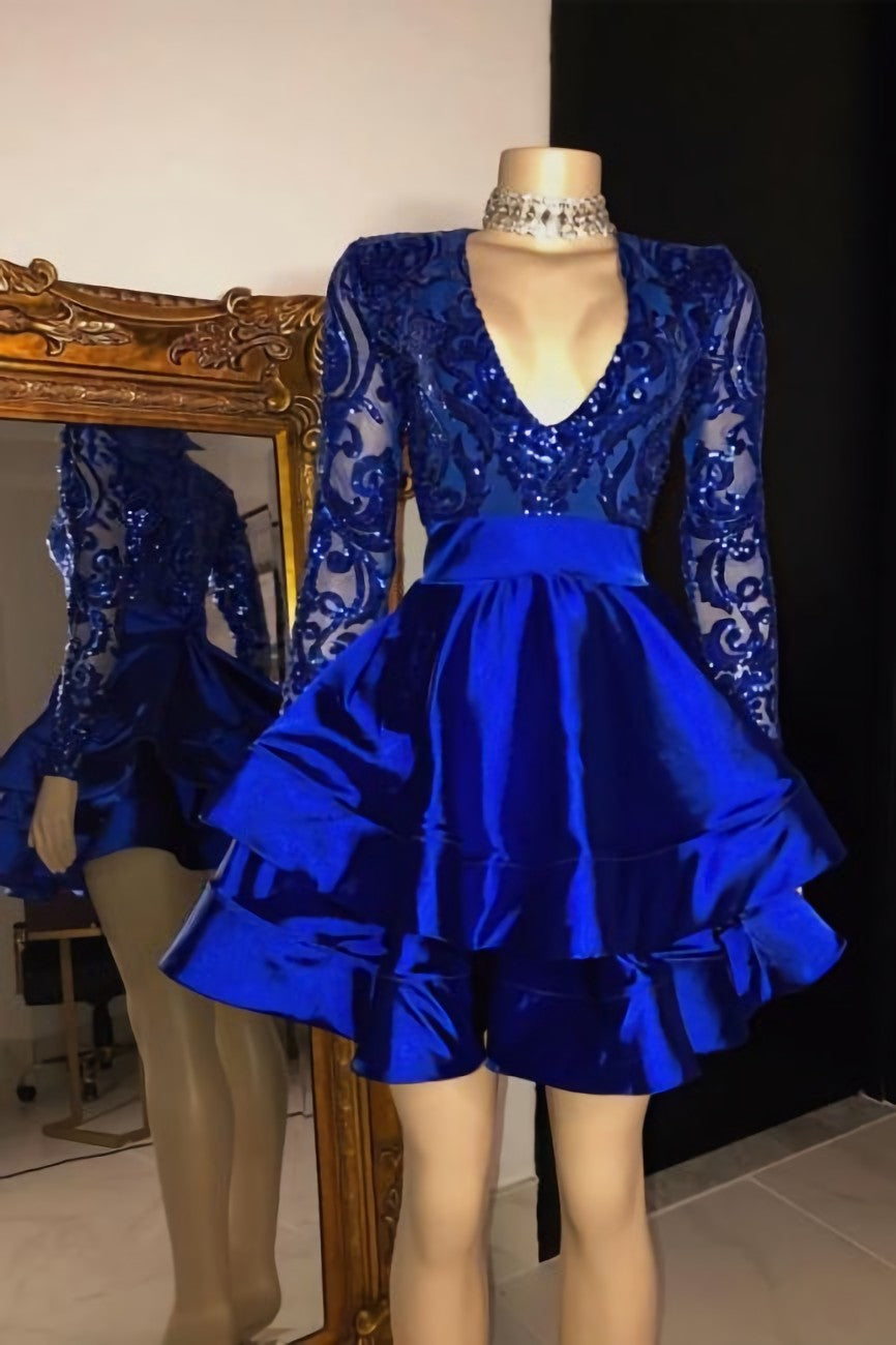 Royal Blue V Neck Mini A Line Party Party Dresses With Long Sleeves