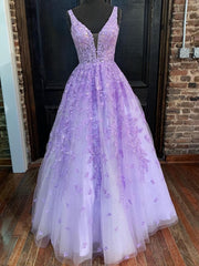 Deep V Neck Purple Lace Long Prom Dresses, Purple Lace Formal Graduation Evening Dresses