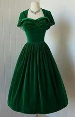 Vestido de baile vintage da década de 1950, vestido de caseiro de veludo verde