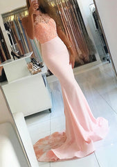 Elastic Satin Court Train Trumpet Mermaid Sleeveless Halter Covered Button Prom Dress With Beaded