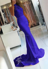 Elastic Satin Court Train Trumpet Mermaid Sleeveless Halter Covered Button Prom Dress With Beaded