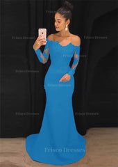 Elastic Satin Prom Dress Sheath Column Off The Shoulder Court Train With Lace