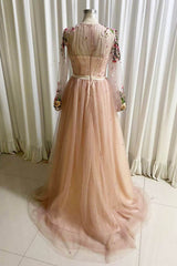 A Line Tulle Long Prom Dress with Flowers, Pink Long Sleeves Party Dress with Beading
