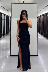 Glitter Sheath/Column Navy Blue Prom Dress with Split