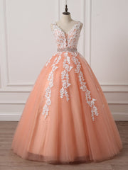 Gorgeous Coral Tulle  High Quality V-neck Lace Appliques Beads Party Dress, Long Formal Dress