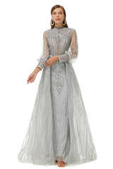 Gray Beaded Mermaid Long sleeves Prom Dresses