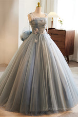 Grey Bow Tie Straps 3D Flowers A-line Long Prom Dress with Bow