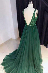 Prom Dress 2022, Chic A-Line V Neck Backless Dark Green Tulle Prom Dress with Sequins Evening Dresses