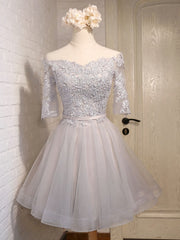 Half Sleeves Short Gray/Blue Lace Prom Dresses, Short Gray/Blue Lace Homecoming Bridesmaid Dresses