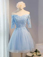 Half Sleeves Short Gray/Blue Lace Prom Dresses, Short Gray/Blue Lace Homecoming Bridesmaid Dresses