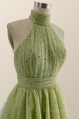 Halter High Neck Moss Green Stars Princess Dresss