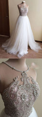 Halter Illusion neck High split A line Tulle Princess Wedding Dress