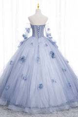 Blue Tulle Long Sleeve Prom Dress, A-Line Off the Shoulder Evening Gown