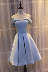 Light Blue Off Shoulder Satin Bridesmaid Dress, Blue Short Formal Dress