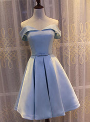 Light Blue Off Shoulder Satin Bridesmaid Dress, Blue Short Formal Dress