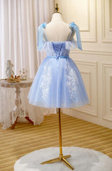 Light Blue Tulle with Lace Knee Length Party Dress, Blue Homecoming Dresses