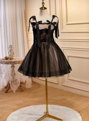 Lovely Black and Champagne Short Tulle Party Dress, A-line Short Homecoming Dress