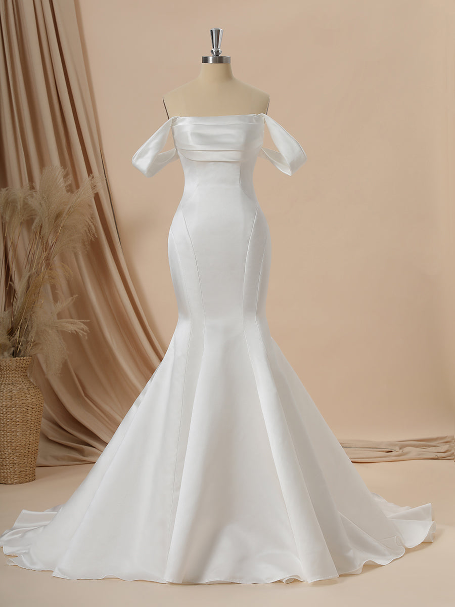 Mermaid Charmeuse Off-the-Shoulder Pleated Chapel Train Convertible Wedding Dress