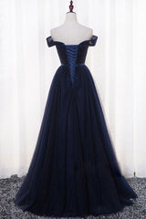 Navy Blue Tulle Long Party Dress, Simple Off Shoulder Blue Bridesmaid Dress