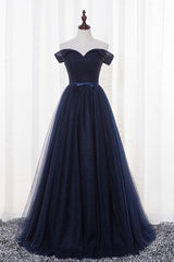 Navy Blue Tulle Long Party Dress, Simple Off Shoulder Blue Bridesmaid Dress