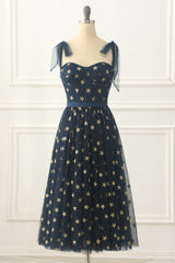Navy Tulle A Line Midi Prom Dress With Stars