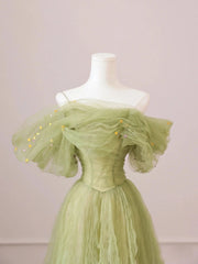 Off the Shoulder Green Tulle Long Prom Dresses, Green Tulle Long Formal Evening Dresses