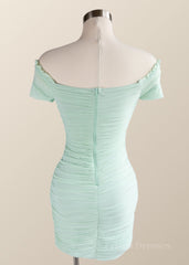 Off the Shoulder Mint Green Ruched Bodycon Mini Dress